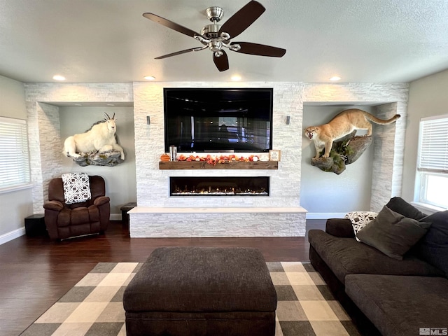 310 N Mountain View St, Yerington, NV 89447 - living area with a stone fireplace, ceiling fan, wood finished floors, baseboards, and recessed lighting