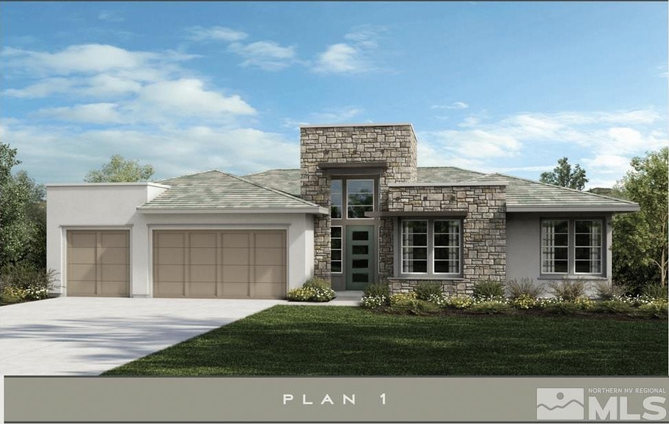 557 Mercator Cir Unit 329, Verdi, NV 89439 - contemporary house with stone siding, an attached garage, concrete driveway, stucco siding, and a front yard