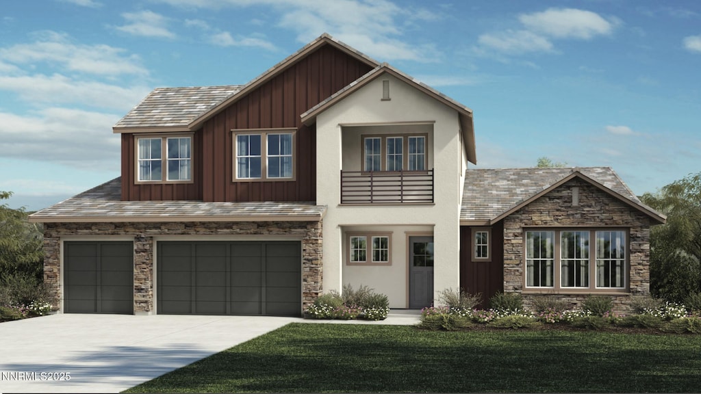557 Mercator Cir Unit 329, Verdi, NV 89439 - view of front of home with stone siding, a garage, board and batten siding, a front lawn, and driveway