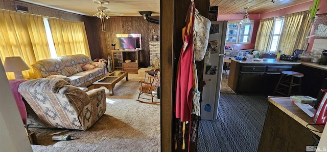316 Toiyabe Rd, Kingston, NV 89310 - carpeted living room with ceiling fan and wood walls