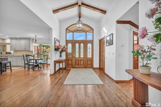 1865 Olive Ln, Reno, NV 89511 - entryway featuring light wood finished floors, baseboards, beam ceiling, and high vaulted ceiling