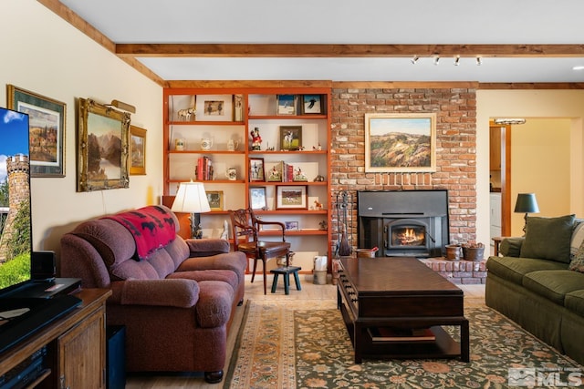 14005 N Red Rock Rd, Reno, NV 89508 - living room featuring beamed ceiling and a brick fireplace