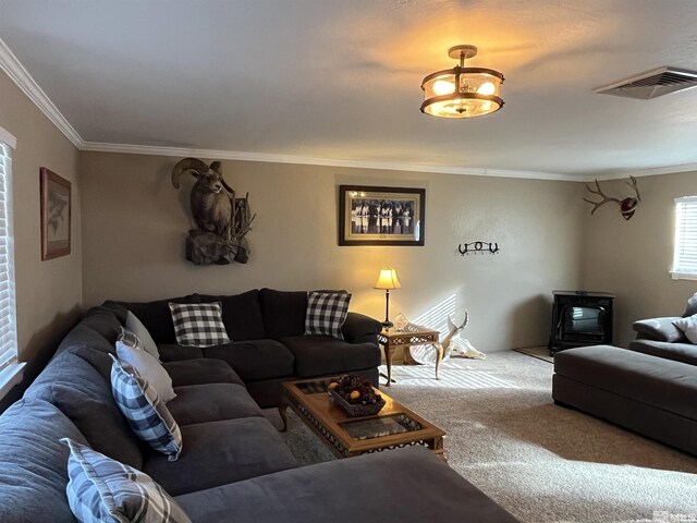 3205 Saint Clair Rd, Fallon, NV 89406 - carpeted living area with ornamental molding and a wood stove