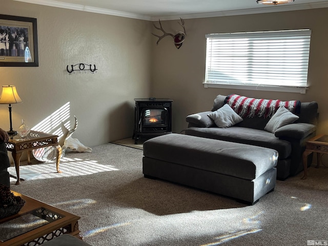 3205 Saint Clair Rd, Fallon, NV 89406 - living room with carpet flooring, a wood stove, and ornamental molding