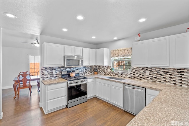 17850 Brushland Dr, Reno, NV 89508 - kitchen with stainless steel appliances, a sink, wood finished floors, ceiling fan, and healthy amount of natural light