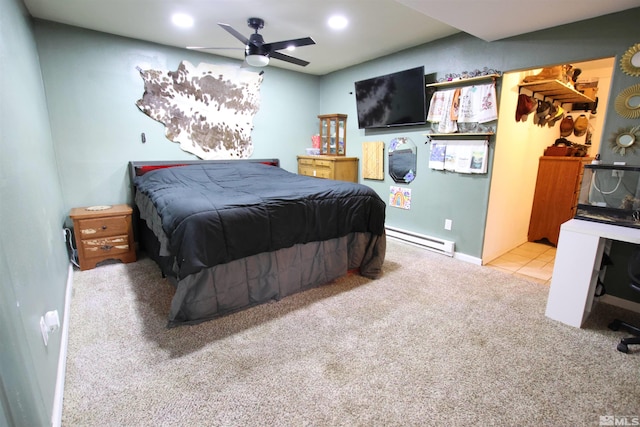 101 Hermansen, Hawthorne, NV 89415 - bedroom with a baseboard radiator, carpet flooring, recessed lighting, baseboards, and a ceiling fan