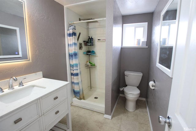 101 Hermansen, Hawthorne, NV 89415 - bathroom featuring a textured wall, toilet, a stall shower, tile patterned floors, and vanity