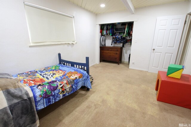 101 Hermansen, Hawthorne, NV 89415 - bedroom featuring carpet, wooden ceiling, beamed ceiling, and recessed lighting