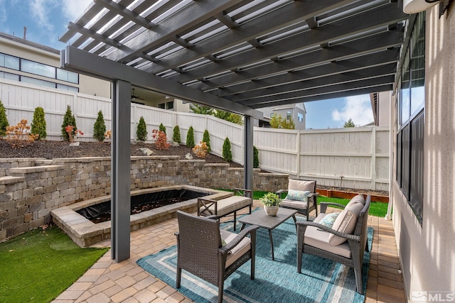 718 W Pleasant Oak Trl, Reno, NV 89511 - view of patio / terrace with an outdoor living space with a fire pit, a fenced backyard, and a pergola
