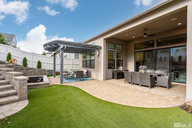 718 W Pleasant Oak Trl, Reno, NV 89511 - view of patio featuring a pergola, a ceiling fan, outdoor dining space, and an outdoor hangout area