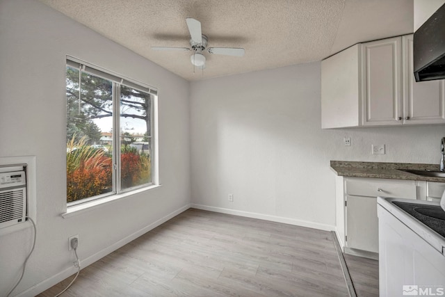 4608 Neil Rd Unit 241, Reno, NV 89502 - kitchen with exhaust hood, a ceiling fan, range with electric cooktop, a textured ceiling, and light wood-style flooring