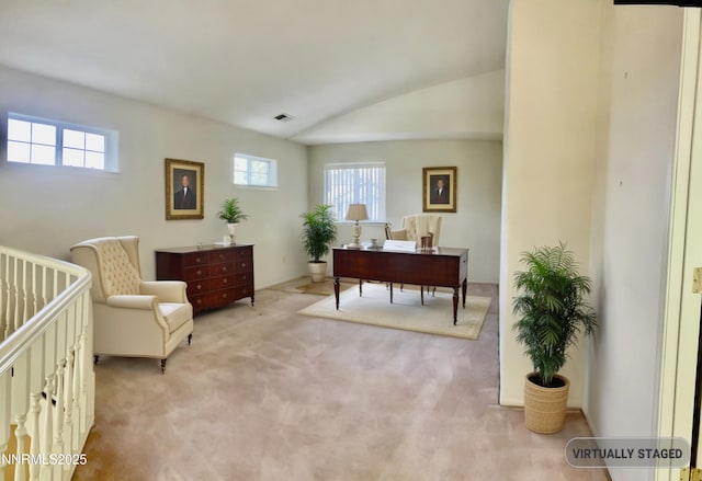 3678 Brighton Way, Reno, NV 89509 - living area featuring plenty of natural light, an office area, carpet floors, and vaulted ceiling