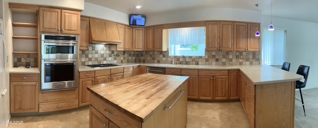 3678 Brighton Way, Reno, NV 89509 - kitchen with wooden counters, a peninsula, open shelves, stainless steel appliances, and custom range hood