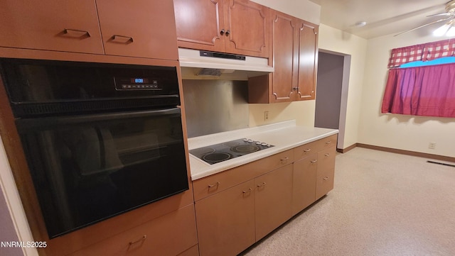 421 Glenmanor Dr, Reno, NV 89509 - kitchen featuring under cabinet range hood, black appliances, light countertops, baseboards, and ceiling fan