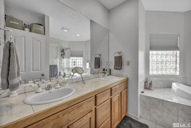 5650 S Allen Rd, Fallon, NV 89406 - bathroom featuring a shower stall, double vanity, and a bath