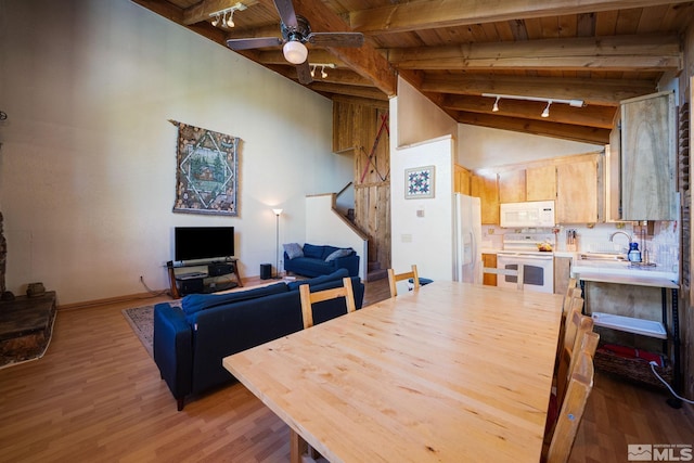 758 Milky Way Ct, Stateline, NV 89449 - dining area featuring wood ceiling with exposed beams, ceiling fan, light wood-style flooring, stairs, and track lighting