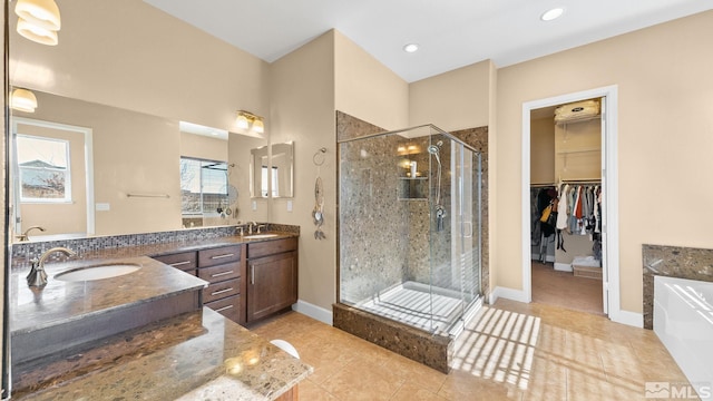 11725 Paradise View Dr, Sparks, NV 89441 - full bathroom featuring a shower stall, tile patterned flooring, double vanity, a tub, and recessed lighting