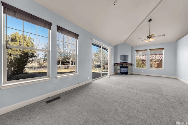 6578 Aston Cir, Sparks, NV 89436 - unfurnished living room featuring a ceiling fan, baseboards, vaulted ceiling, carpet flooring, and a glass covered fireplace