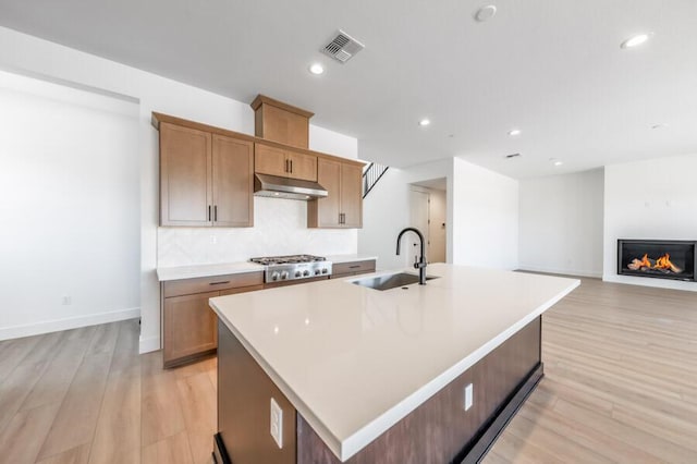 401 Pah Rah Ridge Dr Unit Harris 35, Sparks, NV 89441 - kitchen featuring a sink, under cabinet range hood, light wood-style floors, a center island with sink, and decorative backsplash