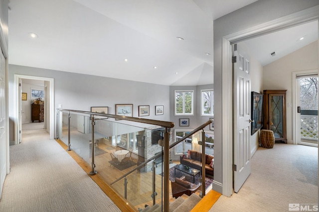 6350 Green Ranch Rd, Reno, NV 89519 - hall featuring vaulted ceiling, plenty of natural light, an upstairs landing, light carpet, and recessed lighting
