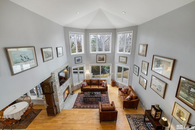 6350 Green Ranch Rd, Reno, NV 89519 - living room featuring wood finished floors, a stone fireplace, and high vaulted ceiling