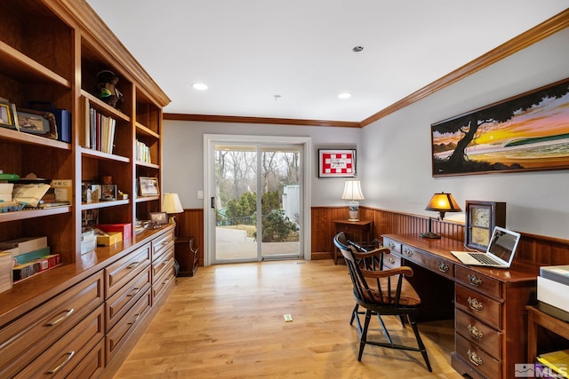 6350 Green Ranch Rd, Reno, NV 89519 - office with a wainscoted wall, crown molding, light wood finished floors, and wood walls
