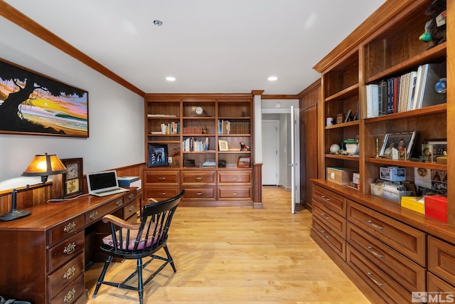 6350 Green Ranch Rd, Reno, NV 89519 - office area with crown molding, light wood-style flooring, and recessed lighting