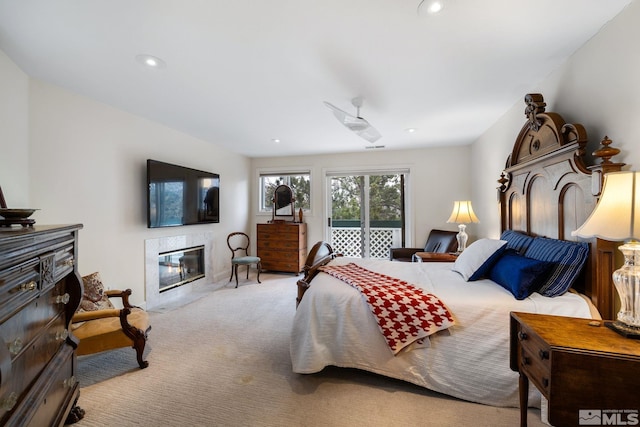 6350 Green Ranch Rd, Reno, NV 89519 - bedroom featuring a high end fireplace, access to exterior, carpet flooring, and recessed lighting