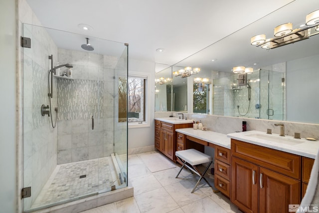 6350 Green Ranch Rd, Reno, NV 89519 - full bath featuring a stall shower, vanity, a chandelier, and tile patterned flooring