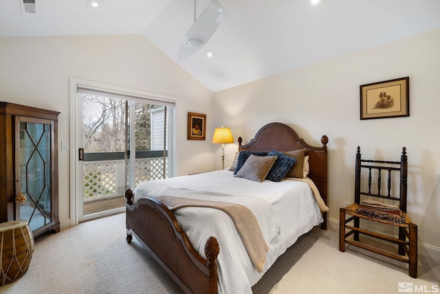 6350 Green Ranch Rd, Reno, NV 89519 - bedroom featuring lofted ceiling, light carpet, access to outside, baseboards, and recessed lighting