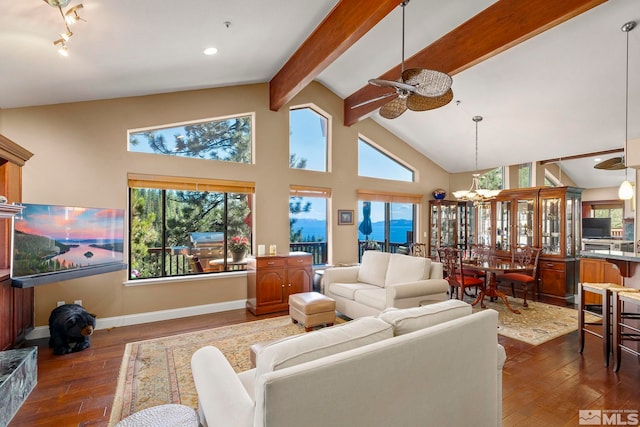 400 Fairview Blvd Unit 155, Incline Village, NV 89451 - living area featuring a ceiling fan, hardwood / wood-style floors, beam ceiling, a chandelier, and high vaulted ceiling