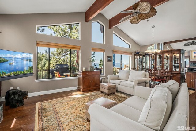 400 Fairview Blvd Unit 155, Incline Village, NV 89451 - living room with a ceiling fan, hardwood / wood-style flooring, high vaulted ceiling, beamed ceiling, and a chandelier