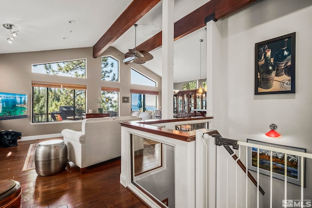 400 Fairview Blvd Unit 155, Incline Village, NV 89451 - living area featuring beam ceiling, hardwood / wood-style flooring, ceiling fan, baseboards, and high vaulted ceiling