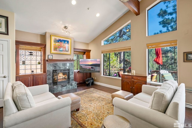 400 Fairview Blvd Unit 155, Incline Village, NV 89451 - living area featuring dark wood-style floors, a premium fireplace, baseboards, recessed lighting, and beam ceiling
