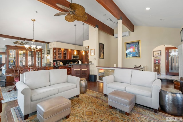 400 Fairview Blvd Unit 155, Incline Village, NV 89451 - living area with ceiling fan, an AC wall unit, wood finished floors, arched walkways, and recessed lighting