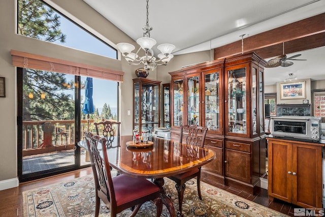 400 Fairview Blvd Unit 155, Incline Village, NV 89451 - dining space featuring dark wood finished floors, a chandelier, ceiling fan, and baseboards