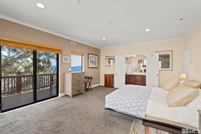 400 Fairview Blvd Unit 155, Incline Village, NV 89451 - bedroom with access to exterior, carpet, baseboards, ornamental molding, and recessed lighting