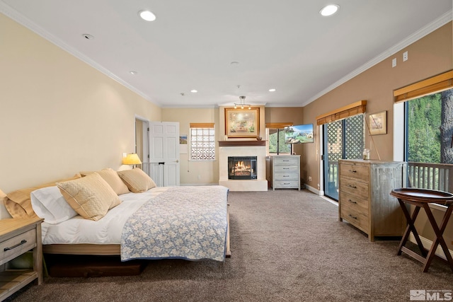 400 Fairview Blvd Unit 155, Incline Village, NV 89451 - bedroom with carpet floors, a lit fireplace, ornamental molding, recessed lighting, and baseboards
