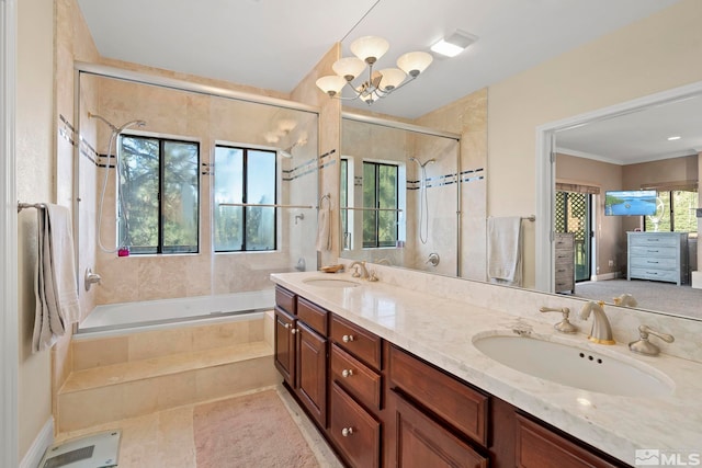 400 Fairview Blvd Unit 155, Incline Village, NV 89451 - bathroom featuring a chandelier, a tile shower, double vanity, and tiled bath