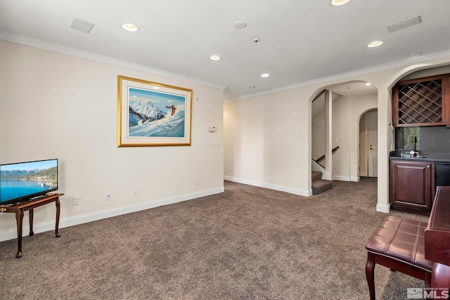 400 Fairview Blvd Unit 155, Incline Village, NV 89451 - unfurnished room featuring dark carpet, ornamental molding, recessed lighting, stairway, and arched walkways