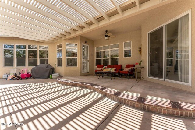 1556 Diamond Country Dr, Reno, NV 89521 - view of patio / terrace with an outdoor hangout area, a pergola, and ceiling fan