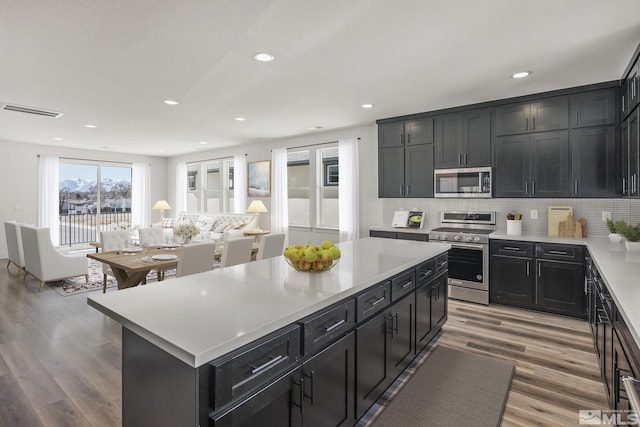 1212 Grove St Unit 73, Carson City, NV 89701 - kitchen featuring stainless steel appliances, light countertops, dark cabinets, light wood-style flooring, and a center island