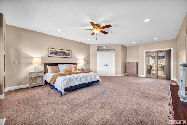227 S Earlham, Reno, NV 89511 - bedroom featuring carpet, access to exterior, baseboards, recessed lighting, and ceiling fan
