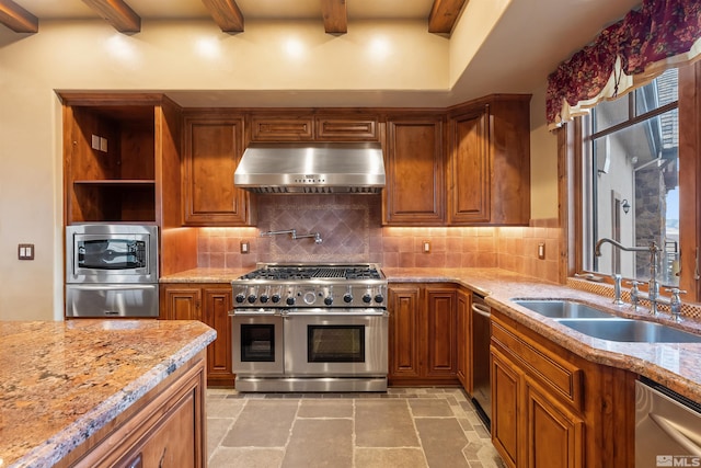 525 Cable Canyon Way, Fernley, NV 89408 - kitchen featuring stainless steel appliances, under cabinet range hood, a sink, brown cabinetry, and beam ceiling