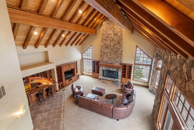 525 Cable Canyon Way, Fernley, NV 89408 - living room featuring a fireplace, wood ceiling, beam ceiling, carpet floors, and high vaulted ceiling