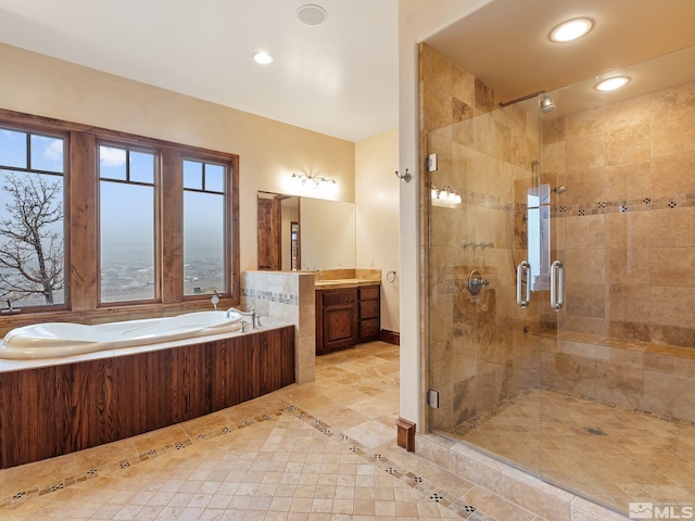 525 Cable Canyon Way, Fernley, NV 89408 - bathroom with a shower stall, a garden tub, vanity, recessed lighting, and tile patterned floors