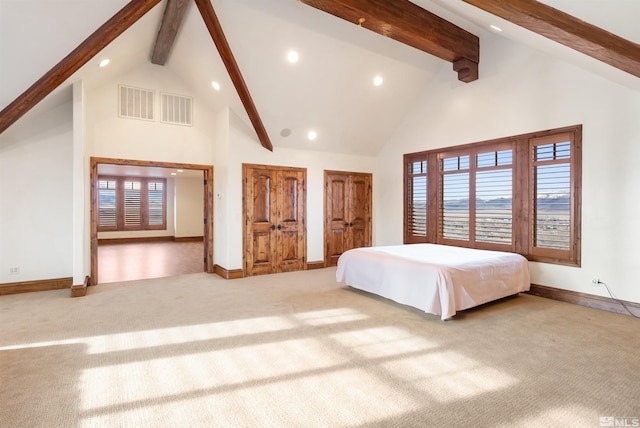 525 Cable Canyon Way, Fernley, NV 89408 - bedroom featuring recessed lighting, beamed ceiling, high vaulted ceiling, carpet floors, and baseboards