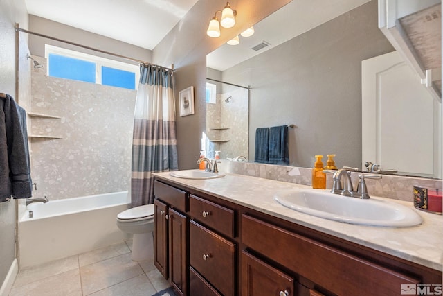 2780 Tobiano Dr, Reno, NV 89521 - bathroom with shower / bath combination with curtain, toilet, tile patterned floors, and double vanity