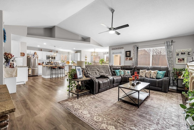 953 Julia Ln, Fernley, NV 89408 - living room with ceiling fan, wood finished floors, lofted ceiling, and recessed lighting