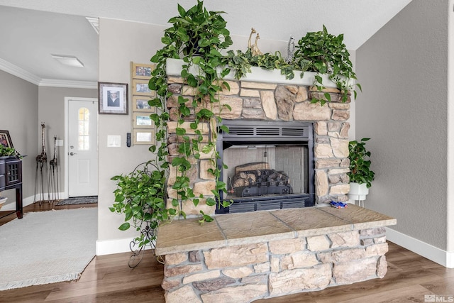953 Julia Ln, Fernley, NV 89408 - living area with baseboards, ornamental molding, wood finished floors, and a stone fireplace